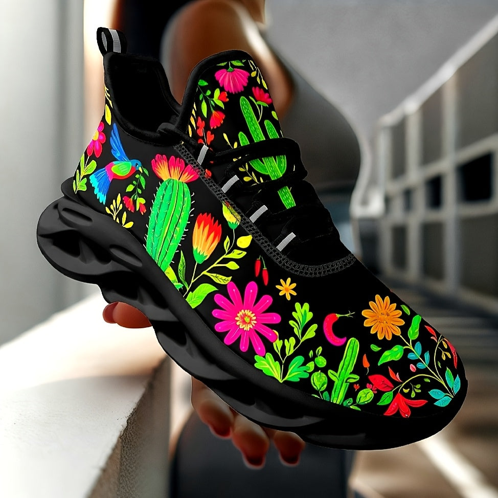 Women'S Plus-Size Outdoor Sneakers with a Blade Sole Featuring Mexican Flower Designs.