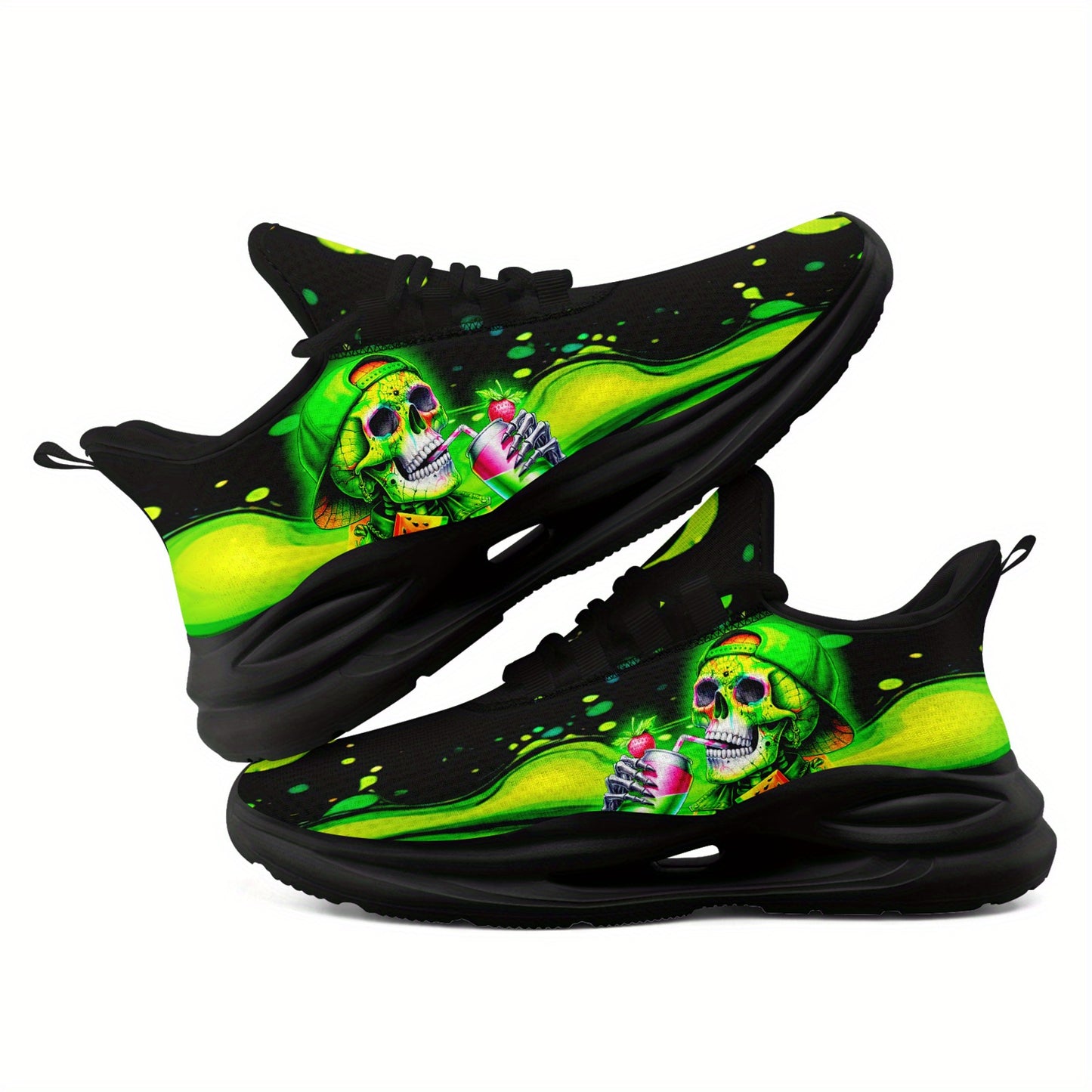 Men'S Plus Size Neon Skull Sneakers - Vibrant Green & Black Graphic Design, Lightweight & Comfortable Running Shoes with Midsole Suspension Technology, Perfect for Festivals, Skate, and Daily Wear, Casual Footwear | Vibrant S