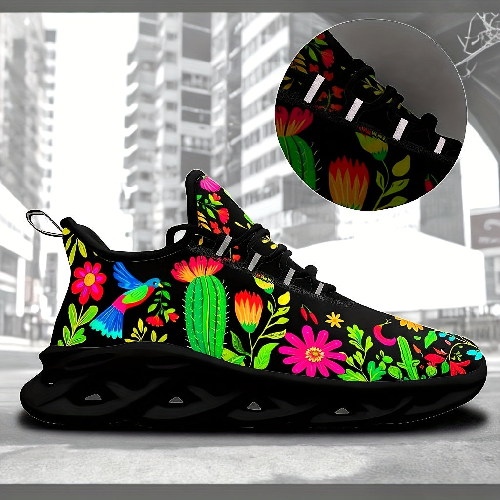 Women'S Plus-Size Outdoor Sneakers with a Blade Sole Featuring Mexican Flower Designs.