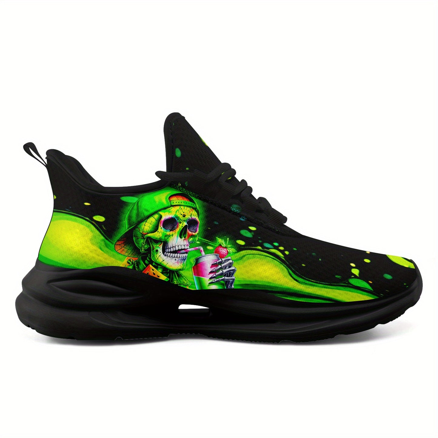 Men'S Plus Size Neon Skull Sneakers - Vibrant Green & Black Graphic Design, Lightweight & Comfortable Running Shoes with Midsole Suspension Technology, Perfect for Festivals, Skate, and Daily Wear, Casual Footwear | Vibrant S