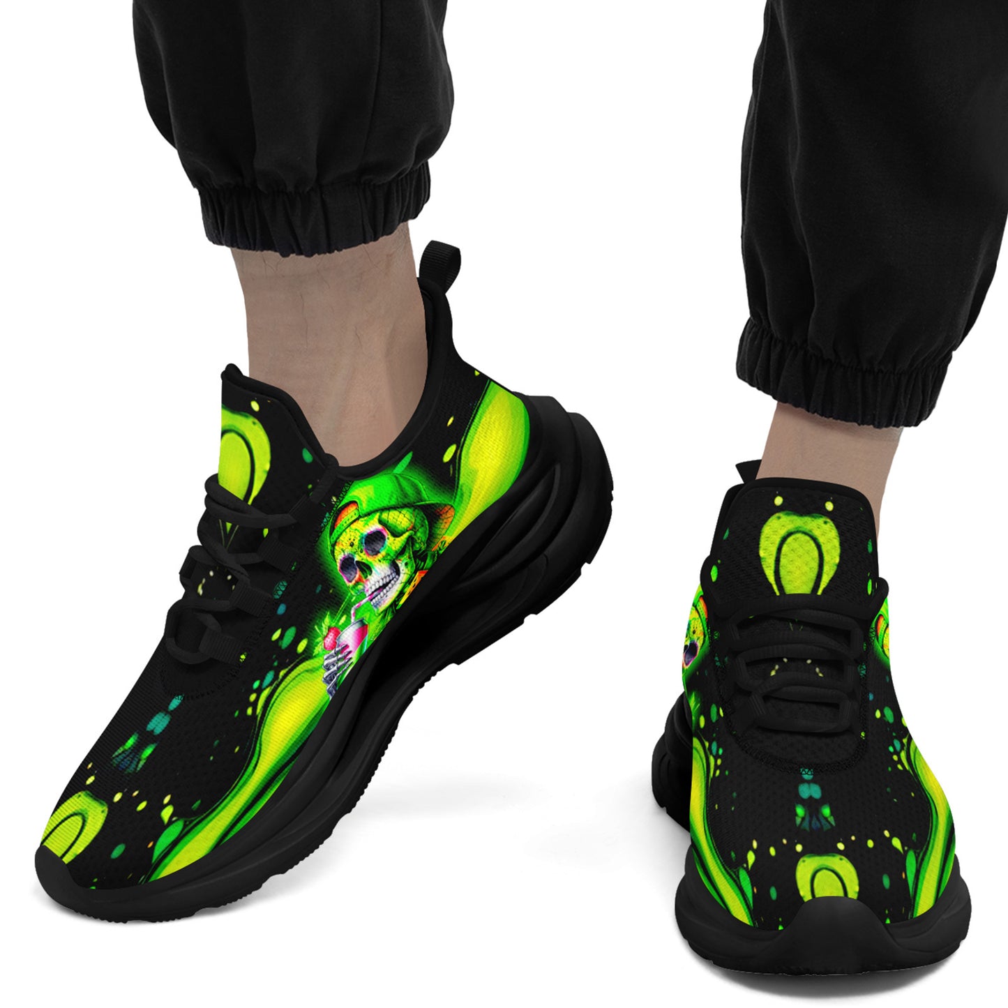 Men'S Plus Size Neon Skull Sneakers - Vibrant Green & Black Graphic Design, Lightweight & Comfortable Running Shoes with Midsole Suspension Technology, Perfect for Festivals, Skate, and Daily Wear, Casual Footwear | Vibrant S