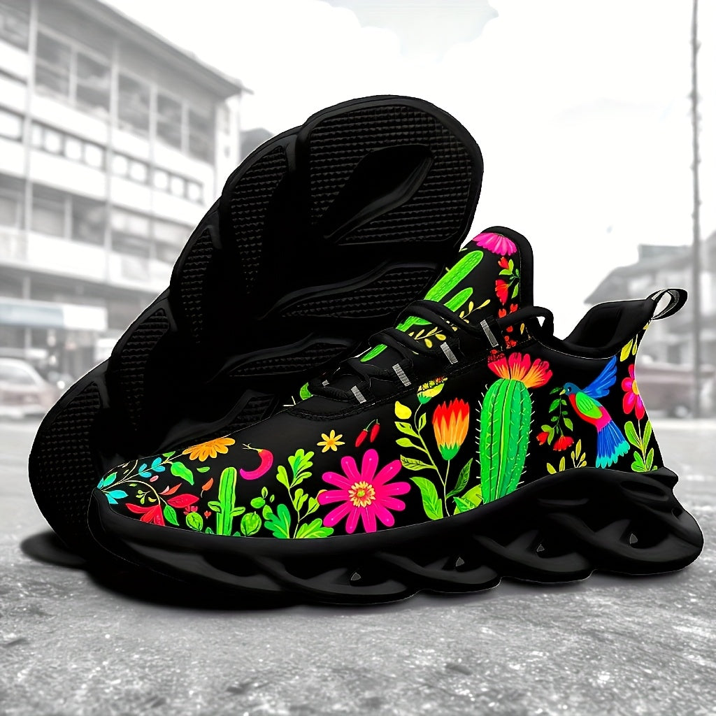Women'S Plus-Size Outdoor Sneakers with a Blade Sole Featuring Mexican Flower Designs.