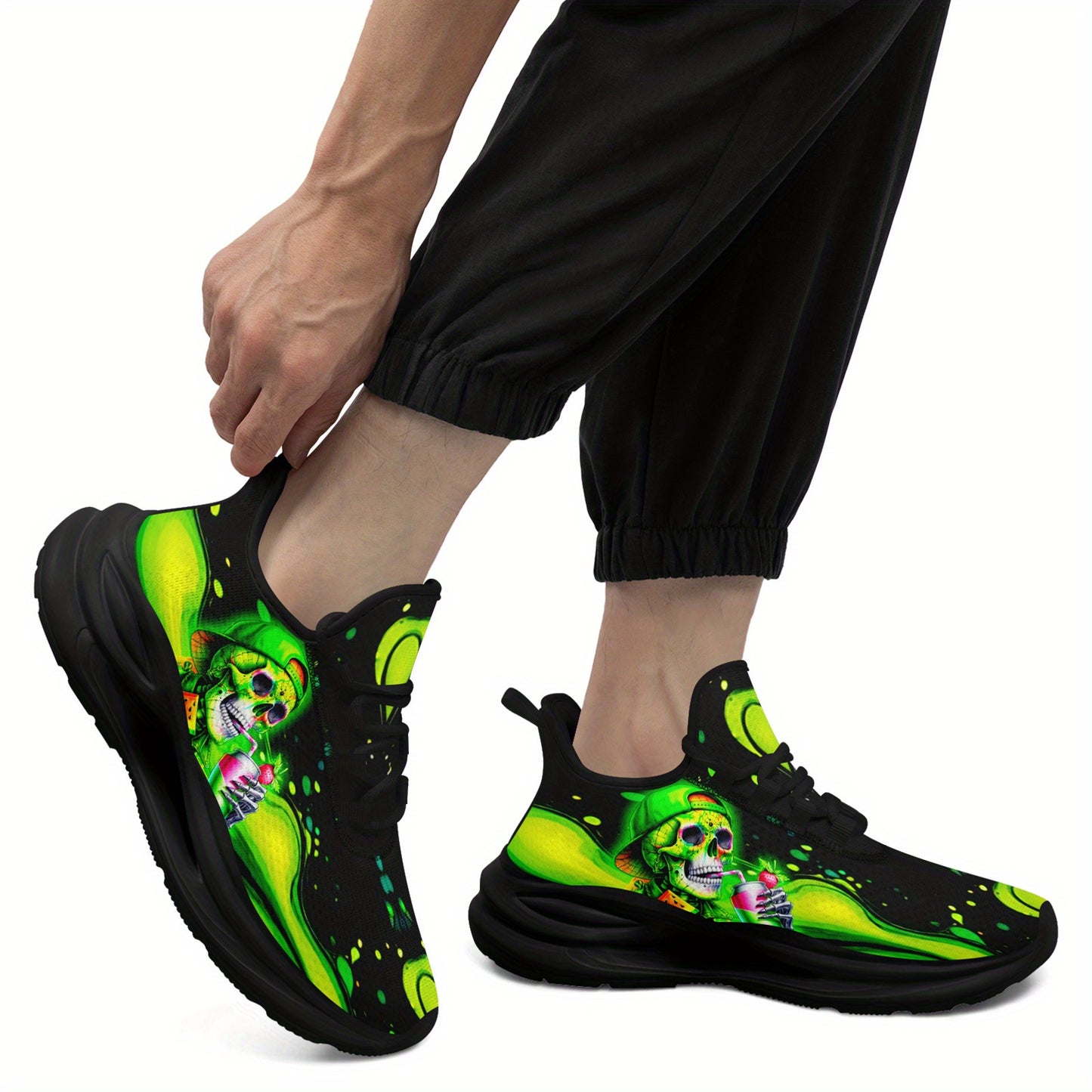 Men'S Plus Size Neon Skull Sneakers - Vibrant Green & Black Graphic Design, Lightweight & Comfortable Running Shoes with Midsole Suspension Technology, Perfect for Festivals, Skate, and Daily Wear, Casual Footwear | Vibrant S