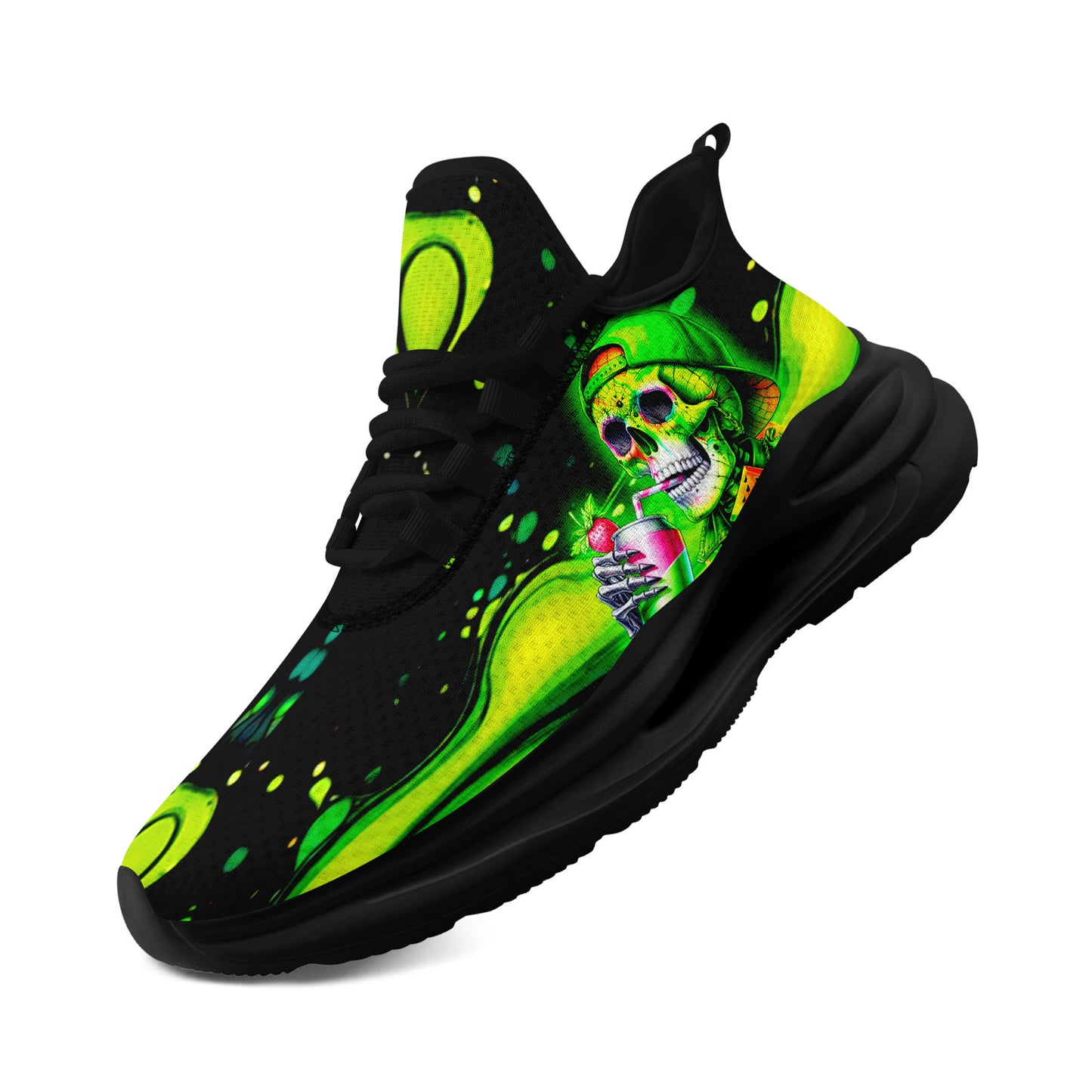 Men'S Plus Size Neon Skull Sneakers - Vibrant Green & Black Graphic Design, Lightweight & Comfortable Running Shoes with Midsole Suspension Technology, Perfect for Festivals, Skate, and Daily Wear, Casual Footwear | Vibrant S