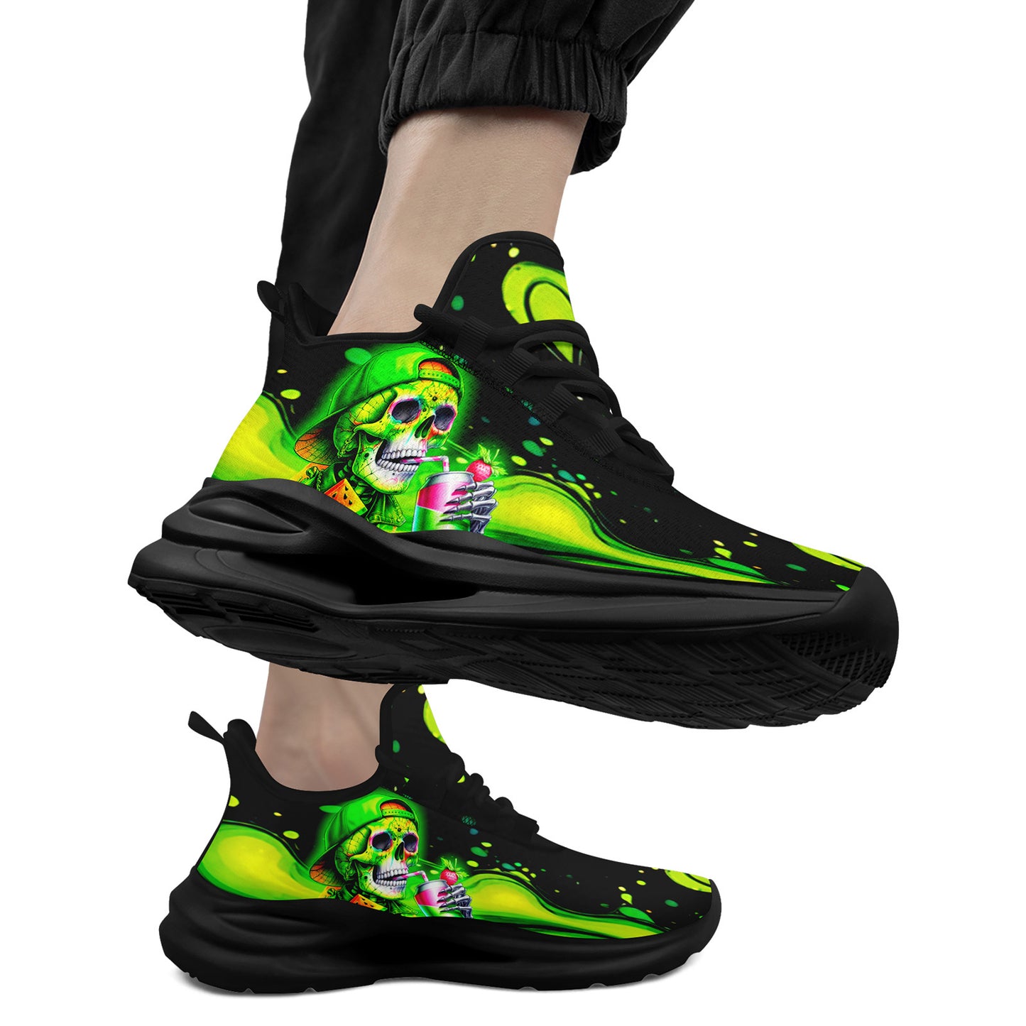 Men'S Plus Size Neon Skull Sneakers - Vibrant Green & Black Graphic Design, Lightweight & Comfortable Running Shoes with Midsole Suspension Technology, Perfect for Festivals, Skate, and Daily Wear, Casual Footwear | Vibrant S