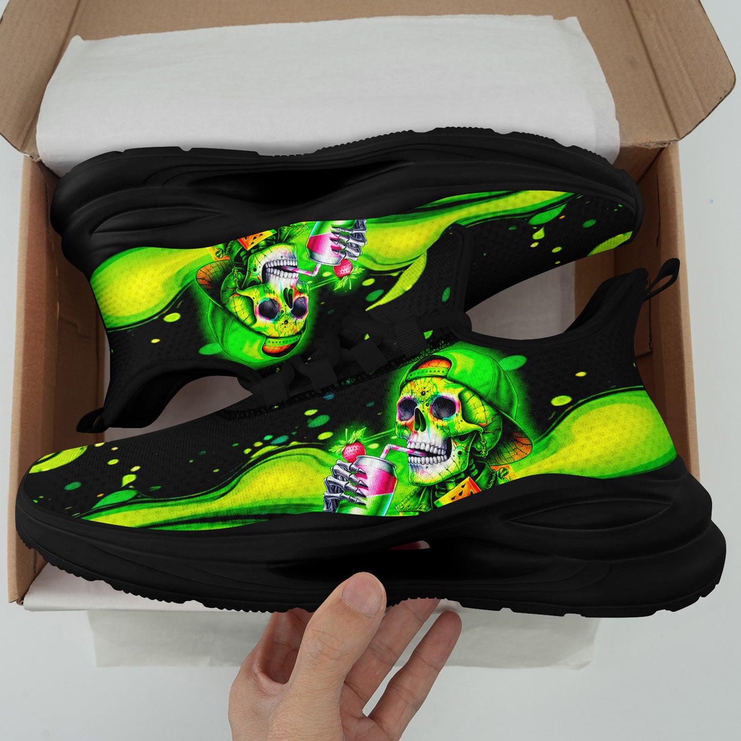 Men'S Plus Size Neon Skull Sneakers - Vibrant Green & Black Graphic Design, Lightweight & Comfortable Running Shoes with Midsole Suspension Technology, Perfect for Festivals, Skate, and Daily Wear, Casual Footwear | Vibrant S