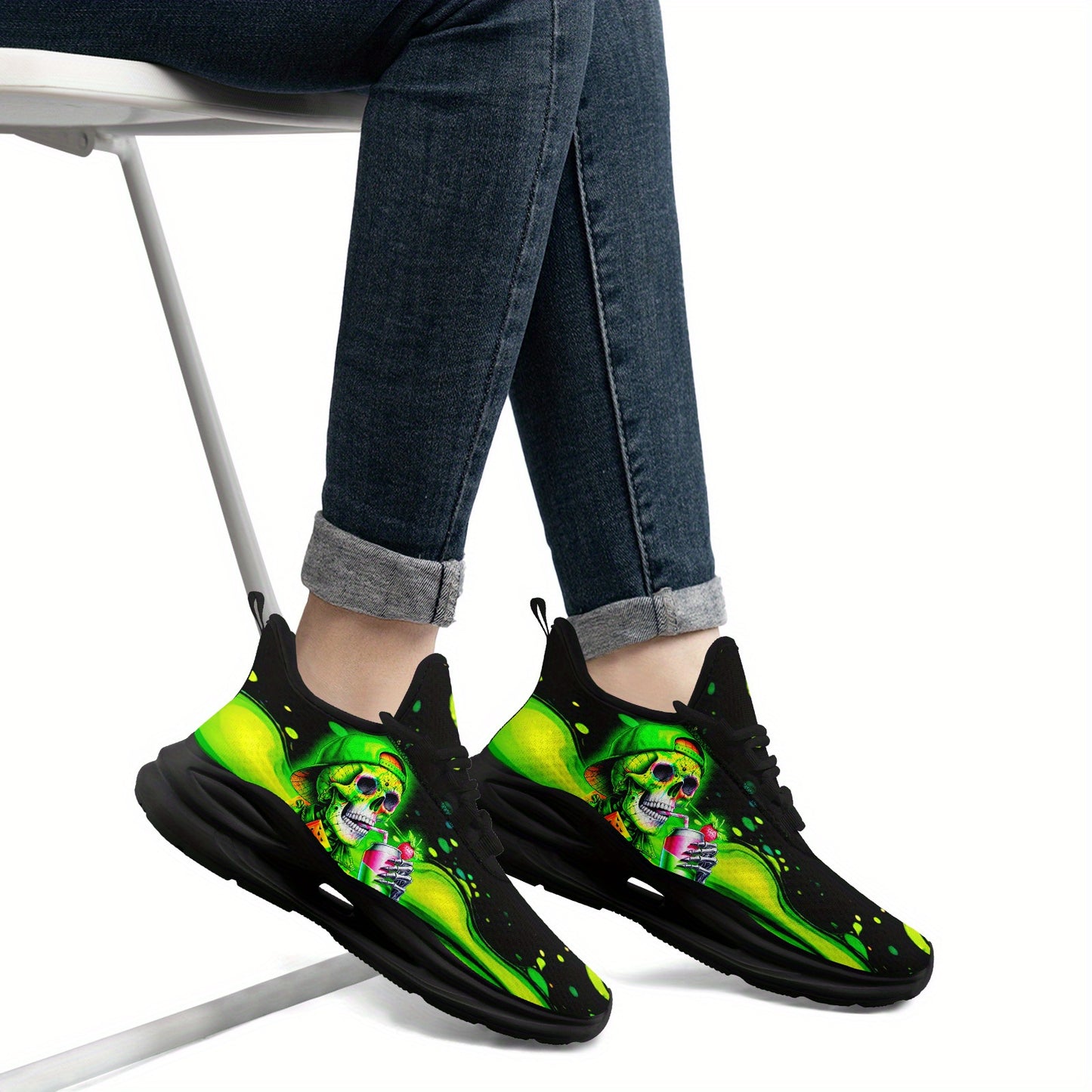 Men'S Plus Size Neon Skull Sneakers - Vibrant Green & Black Graphic Design, Lightweight & Comfortable Running Shoes with Midsole Suspension Technology, Perfect for Festivals, Skate, and Daily Wear, Casual Footwear | Vibrant S