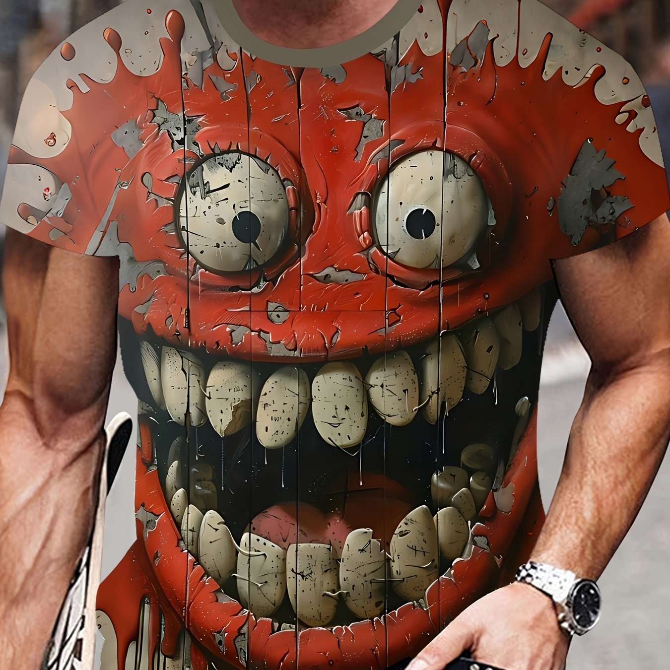 Men's Novelty 3D Funny joyful Face Graphic T-Shirt - Casual Street Style, Short Sleeve Crew Neck in Red & White, Polyester, Machine Washable, Street Style Apparel|Bold Casualwear|Stretchable Material
