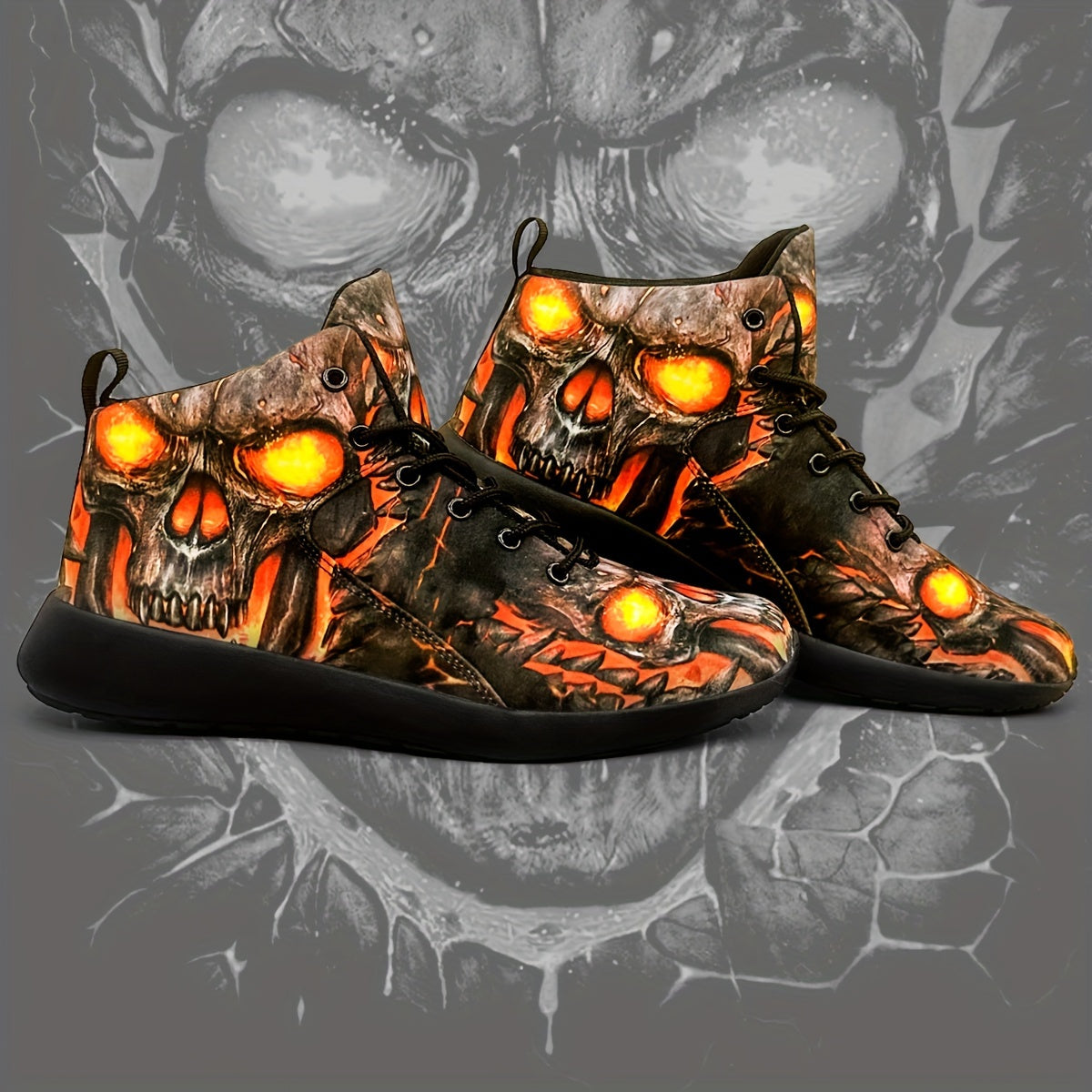 Men's Gothic sneakers - Lightweight High-Top Shoes with Glowing orange skull, Lace-Up Closure for Gym, Streetwear, Halloween - Non-Slip MD Sole - All-Season Training Footwear for Men, Casual Walking, Street Style, Breathable