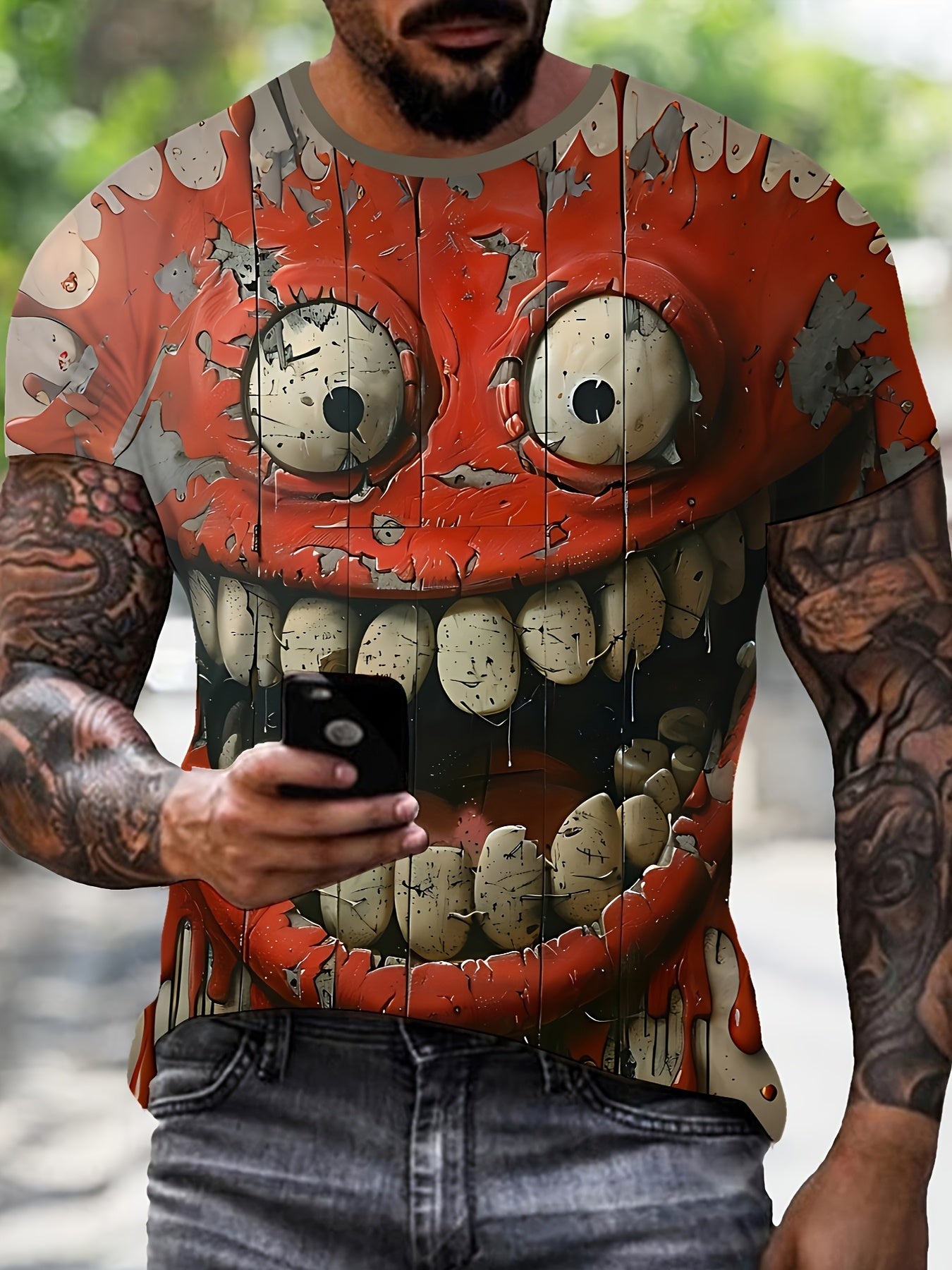 Men's Novelty 3D Funny joyful Face Graphic T-Shirt - Casual Street Style, Short Sleeve Crew Neck in Red & White, Polyester, Machine Washable, Street Style Apparel|Bold Casualwear|Stretchable Material
