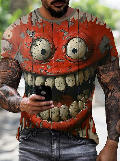 Men's Novelty 3D Funny joyful Face Graphic T-Shirt - Casual Street Style, Short Sleeve Crew Neck in Red & White, Polyester, Machine Washable, Street Style Apparel|Bold Casualwear|Stretchable Material