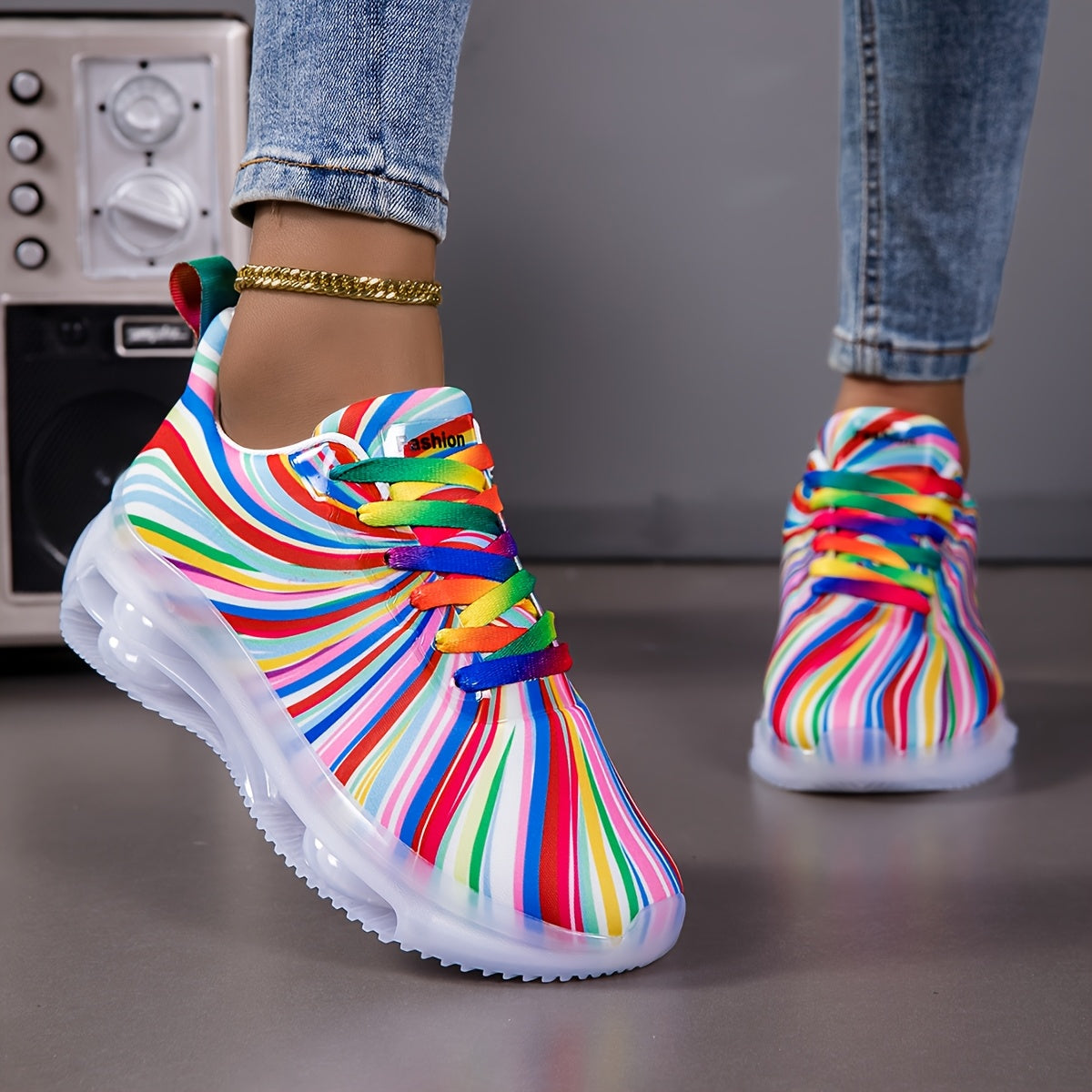 Women'S Breathable Mesh Sneakers with Rainbow Stripes - Comfortable Low-Top Running Shoes for Beach, Travel & Leisure, Stability Support, All-Season Casual Shoes, Ladies Sneakers, Vacation Footwear, Stylish Laceup Design, Cus