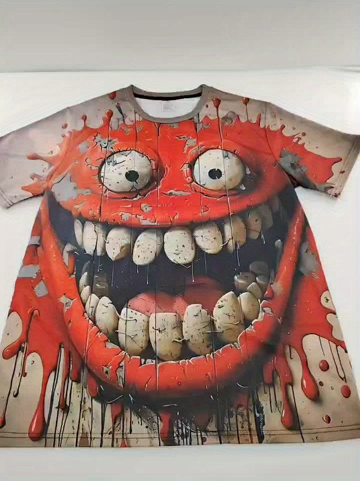 Men's Novelty 3D Funny joyful Face Graphic T-Shirt - Casual Street Style, Short Sleeve Crew Neck in Red & White, Polyester, Machine Washable, Street Style Apparel|Bold Casualwear|Stretchable Material