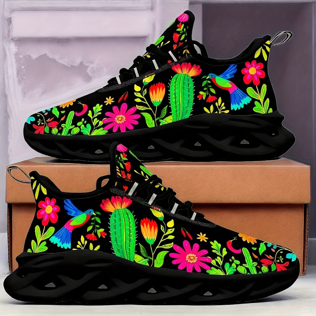 Women'S Plus-Size Outdoor Sneakers with a Blade Sole Featuring Mexican Flower Designs.