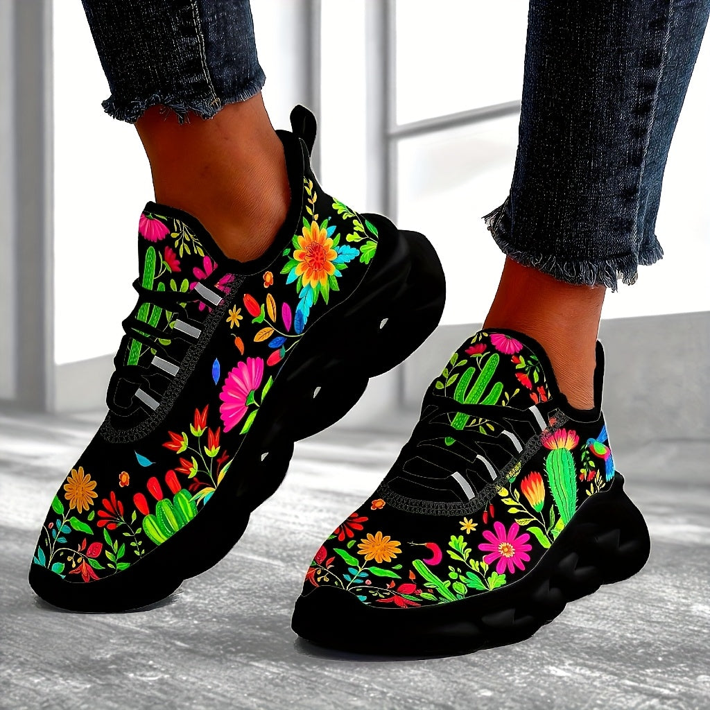 Women'S Plus-Size Outdoor Sneakers with a Blade Sole Featuring Mexican Flower Designs.