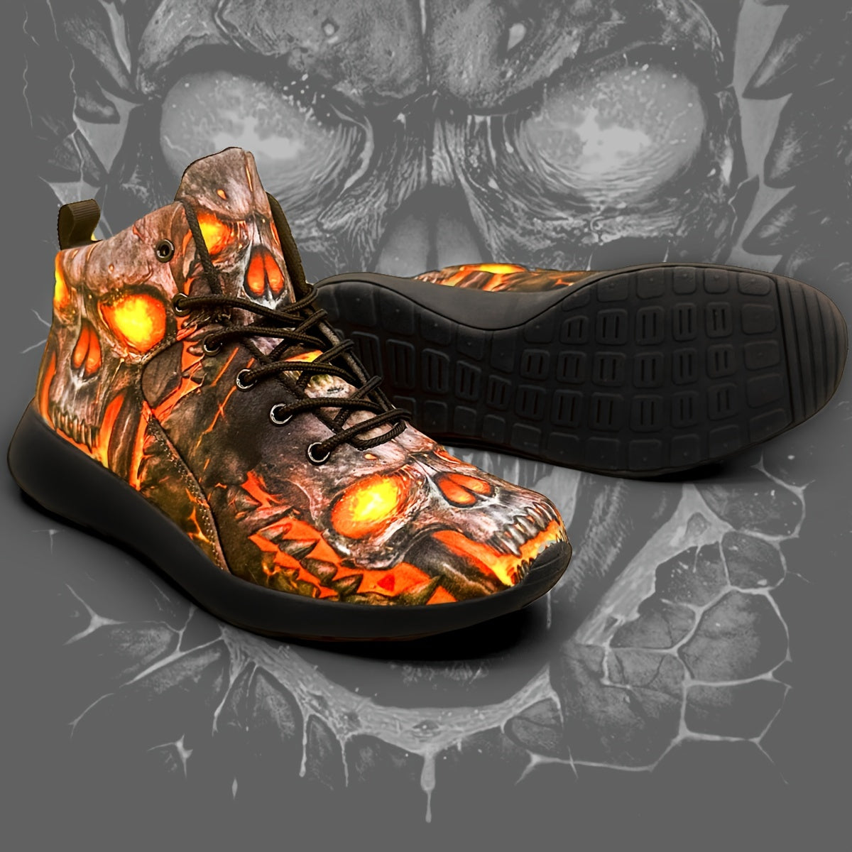 Men's Gothic sneakers - Lightweight High-Top Shoes with Glowing orange skull, Lace-Up Closure for Gym, Streetwear, Halloween - Non-Slip MD Sole - All-Season Training Footwear for Men, Casual Walking, Street Style, Breathable