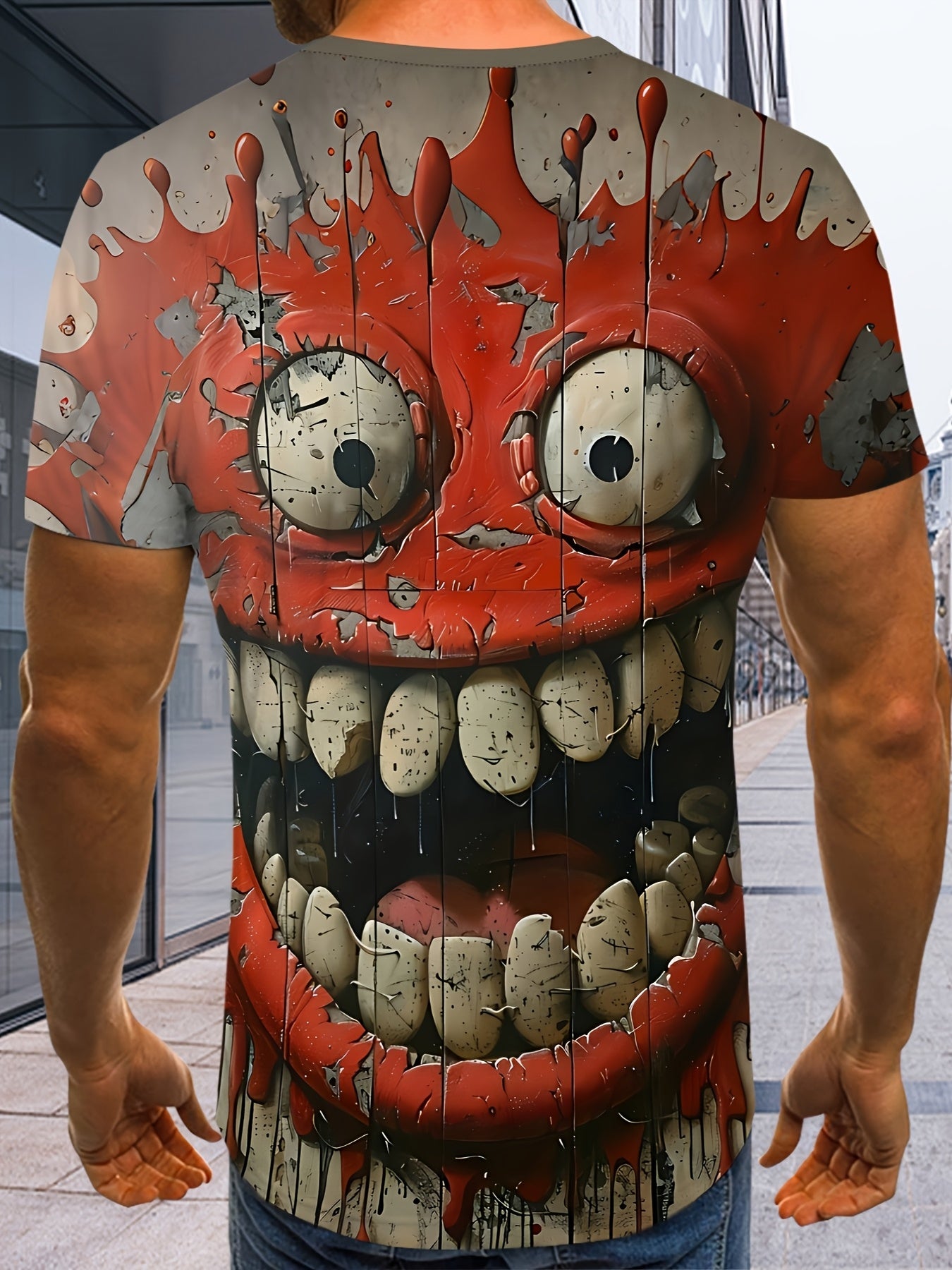 Men's Novelty 3D Funny joyful Face Graphic T-Shirt - Casual Street Style, Short Sleeve Crew Neck in Red & White, Polyester, Machine Washable, Street Style Apparel|Bold Casualwear|Stretchable Material