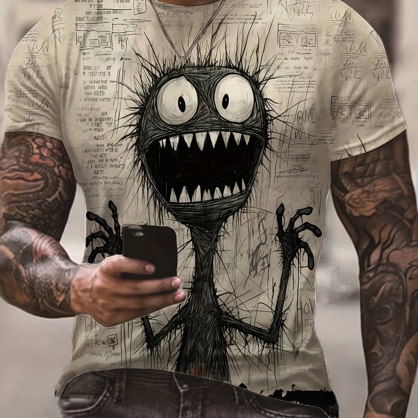 Men'S Halloween Graphic T-Shirt, Casual Crew Neck, 100% Polyester Knit, Slight Stretch, Short Sleeve, Regular Fit, Summer Outdoor Top, No Chest Pad, Daily & Casual Wear, Adult - Fashion Monster Print