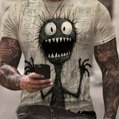 Men'S Halloween Graphic T-Shirt, Casual Crew Neck, 100% Polyester Knit, Slight Stretch, Short Sleeve, Regular Fit, Summer Outdoor Top, No Chest Pad, Daily & Casual Wear, Adult - Fashion Monster Print