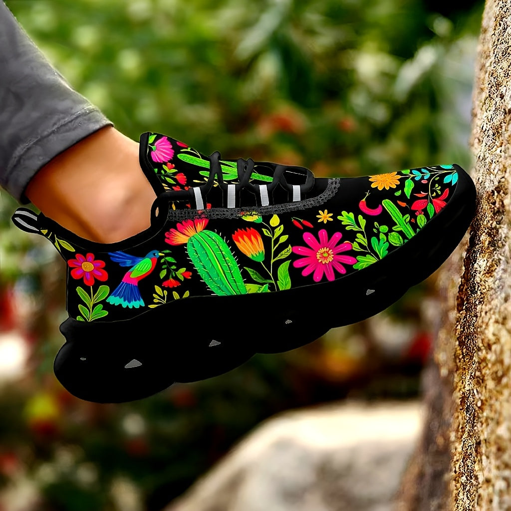 Women'S Plus-Size Outdoor Sneakers with a Blade Sole Featuring Mexican Flower Designs.