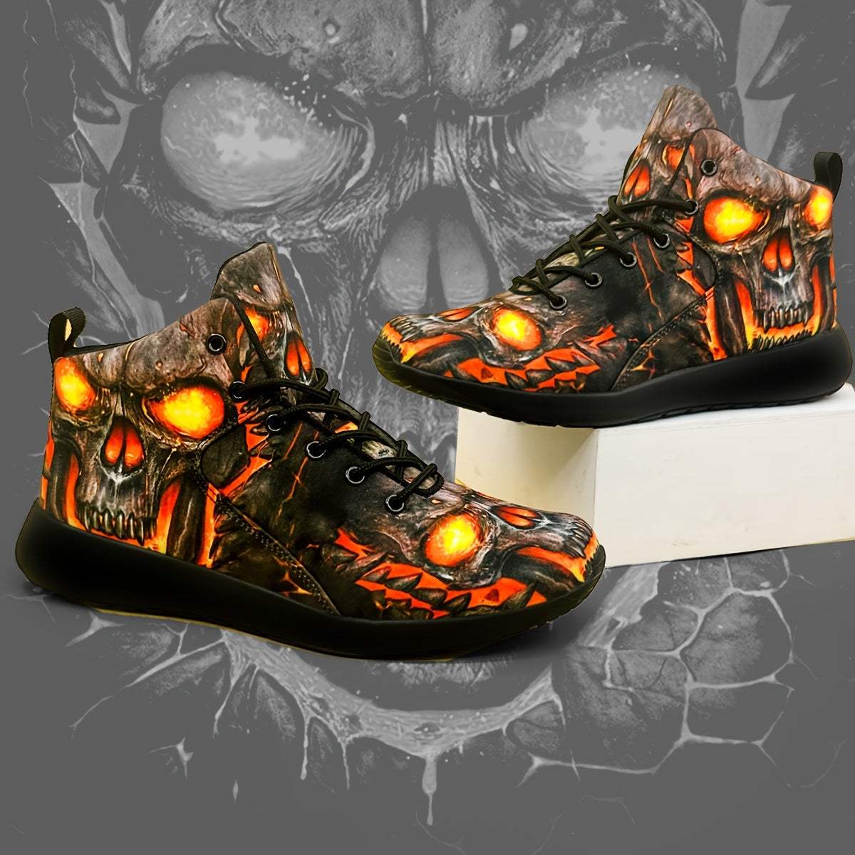Men's Gothic sneakers - Lightweight High-Top Shoes with Glowing orange skull, Lace-Up Closure for Gym, Streetwear, Halloween - Non-Slip MD Sole - All-Season Training Footwear for Men, Casual Walking, Street Style, Breathable