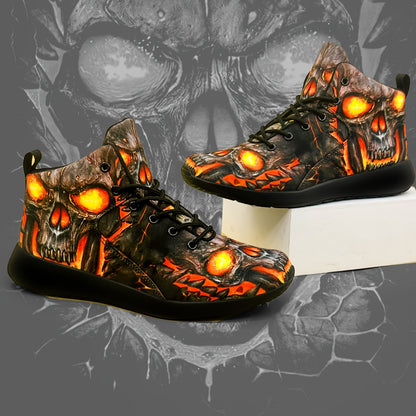 Men's Gothic sneakers - Lightweight High-Top Shoes with Glowing orange skull, Lace-Up Closure for Gym, Streetwear, Halloween - Non-Slip MD Sole - All-Season Training Footwear for Men, Casual Walking, Street Style, Breathable