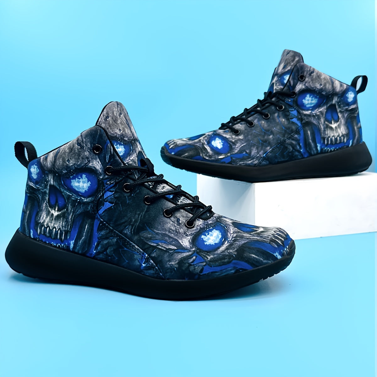 Men's Gothic sneakers - Lightweight High-Top Shoes with Glowing orange skull, Lace-Up Closure for Gym, Streetwear, Halloween - Non-Slip MD Sole - All-Season Training Footwear for Men, Casual Walking, Street Style, Breathable