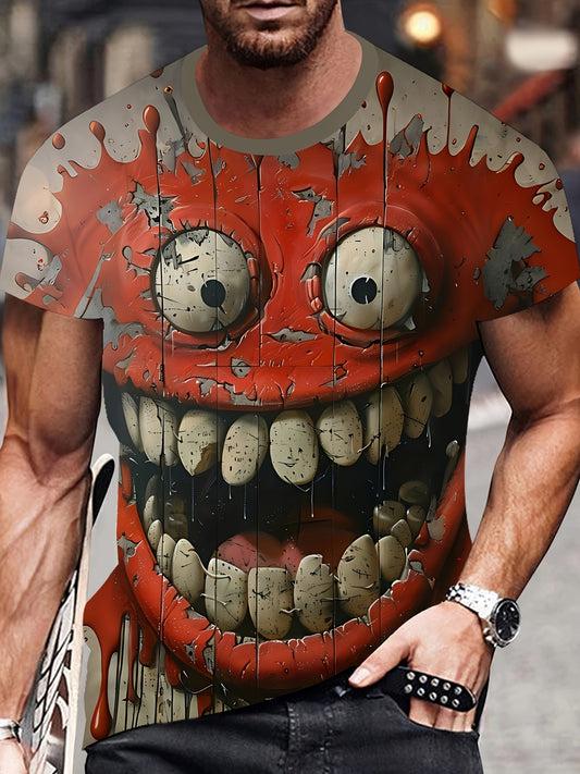 Men's Novelty 3D Funny joyful Face Graphic T-Shirt - Casual Street Style, Short Sleeve Crew Neck in Red & White, Polyester, Machine Washable, Street Style Apparel|Bold Casualwear|Stretchable Material