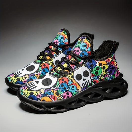 Men's Fashion Sports Sneakers with Cartoon Skull Print - Breathable Fabric Low Top Running Shoes, Casual Lace-up with Shock Absorption MD Sole, Lightweight, All-Season, EVA Insole - Halloween Inspired Athletic Footwear