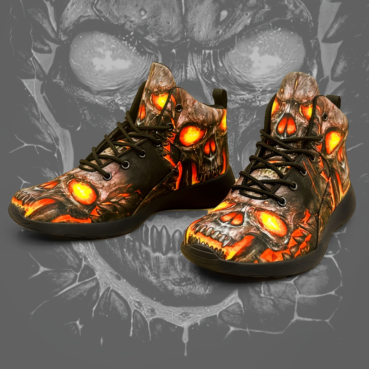 Men's Gothic sneakers - Lightweight High-Top Shoes with Glowing orange skull, Lace-Up Closure for Gym, Streetwear, Halloween - Non-Slip MD Sole - All-Season Training Footwear for Men, Casual Walking, Street Style, Breathable