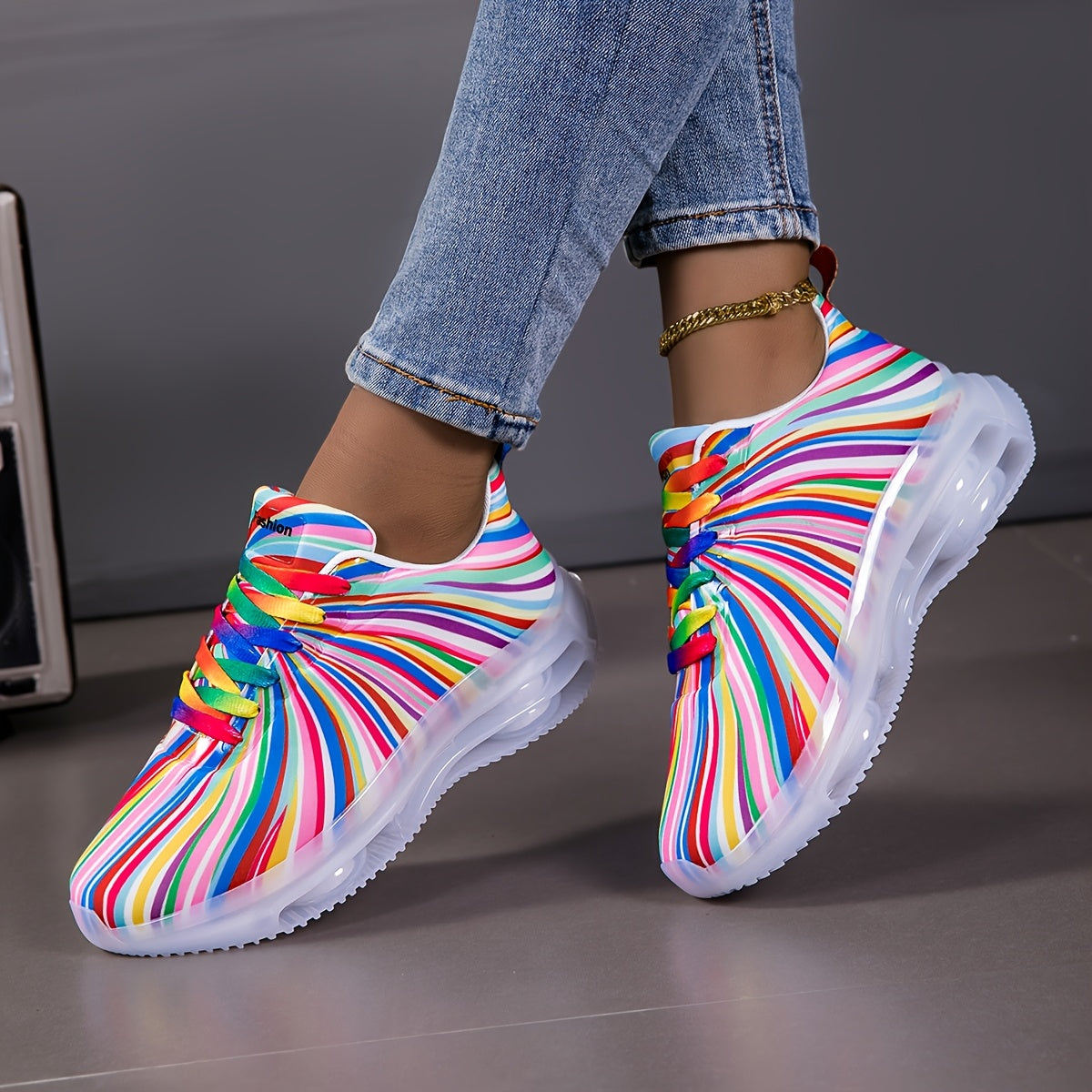 Women'S Breathable Mesh Sneakers with Rainbow Stripes - Comfortable Low-Top Running Shoes for Beach, Travel & Leisure, Stability Support, All-Season Casual Shoes, Ladies Sneakers, Vacation Footwear, Stylish Laceup Design, Cus