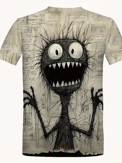 Men'S Halloween Graphic T-Shirt, Casual Crew Neck, 100% Polyester Knit, Slight Stretch, Short Sleeve, Regular Fit, Summer Outdoor Top, No Chest Pad, Daily & Casual Wear, Adult - Fashion Monster Print