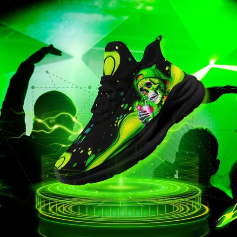 Men'S Plus Size Neon Skull Sneakers - Vibrant Green & Black Graphic Design, Lightweight & Comfortable Running Shoes with Midsole Suspension Technology, Perfect for Festivals, Skate, and Daily Wear, Casual Footwear | Vibrant S