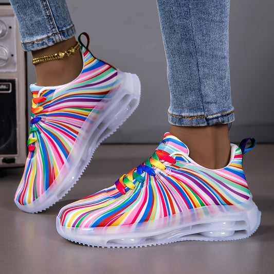 Women'S Breathable Mesh Sneakers with Rainbow Stripes - Comfortable Low-Top Running Shoes for Beach, Travel & Leisure, Stability Support, All-Season Casual Shoes, Ladies Sneakers, Vacation Footwear, Stylish Laceup Design, Cus