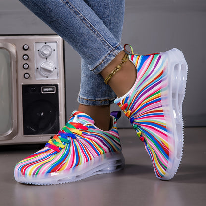 Women'S Breathable Mesh Sneakers with Rainbow Stripes - Comfortable Low-Top Running Shoes for Beach, Travel & Leisure, Stability Support, All-Season Casual Shoes, Ladies Sneakers, Vacation Footwear, Stylish Laceup Design, Cus