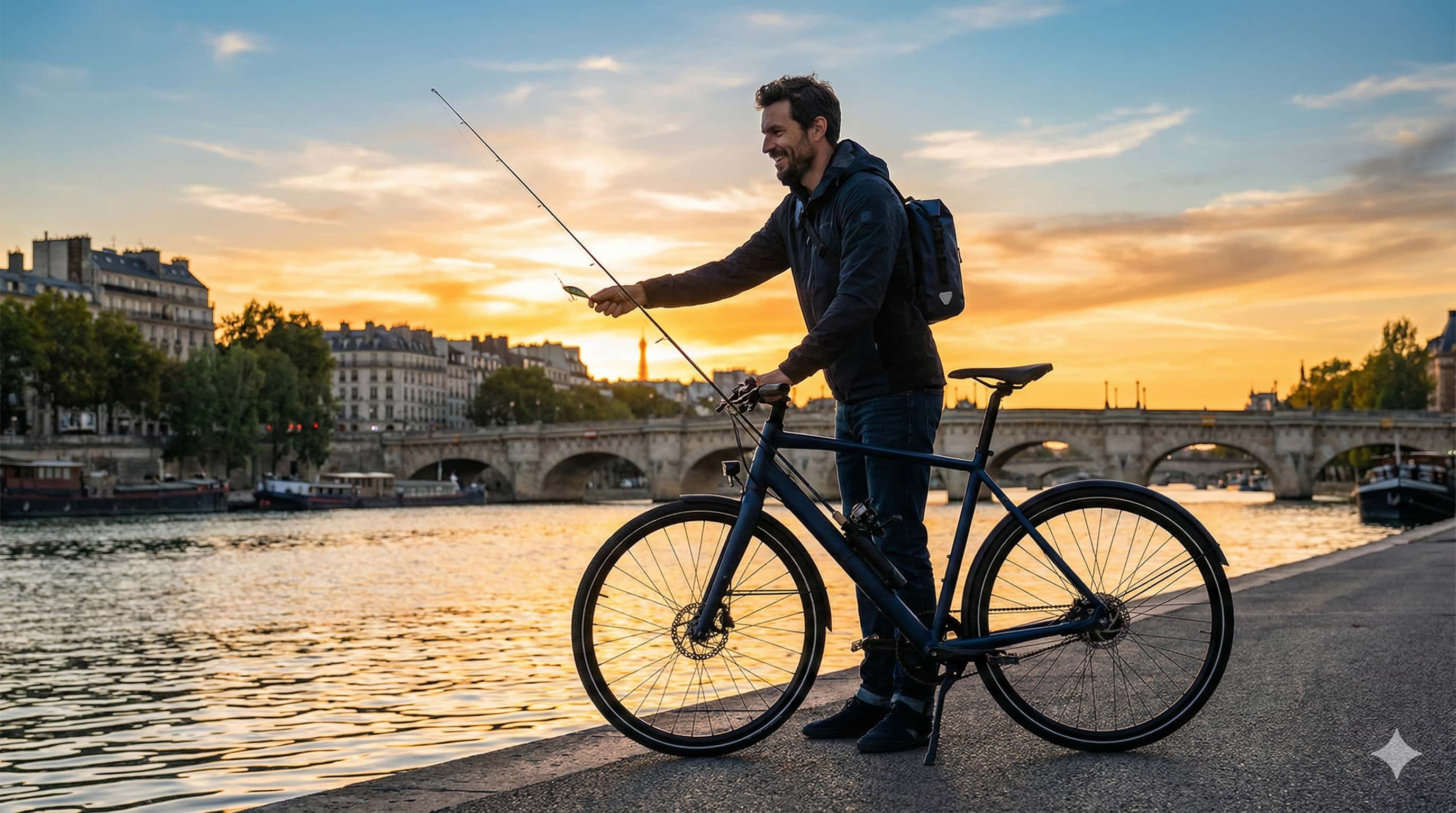 Pêcheur urbain à vélo avec son équipement DEBARQUE au bord d'un canal en ville - Solution de transport pour le street fishing et le vélotaf.
