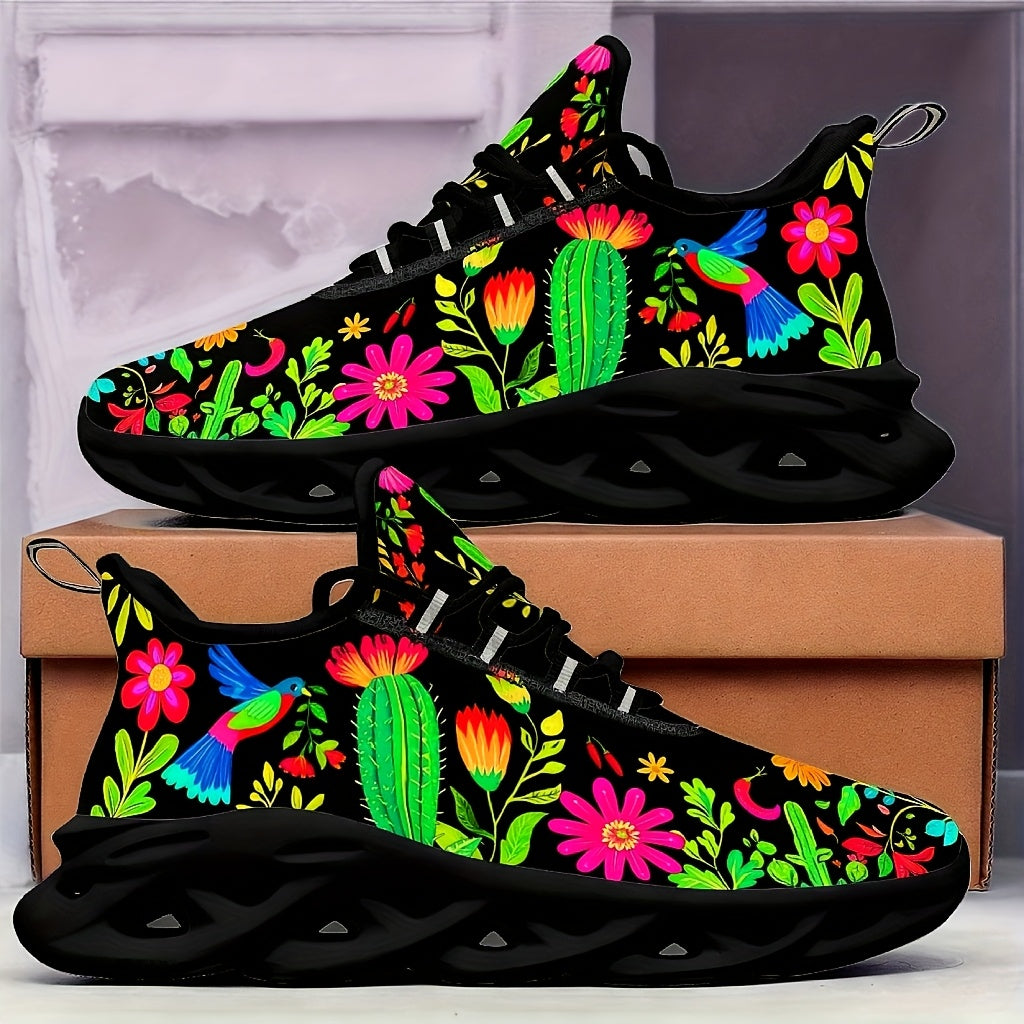 Women'S Plus-Size Outdoor Sneakers with a Blade Sole Featuring Mexican Flower Designs.