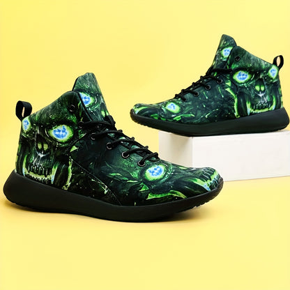 Men's Gothic sneakers - Lightweight High-Top Shoes with Glowing orange skull, Lace-Up Closure for Gym, Streetwear, Halloween - Non-Slip MD Sole - All-Season Training Footwear for Men, Casual Walking, Street Style, Breathable