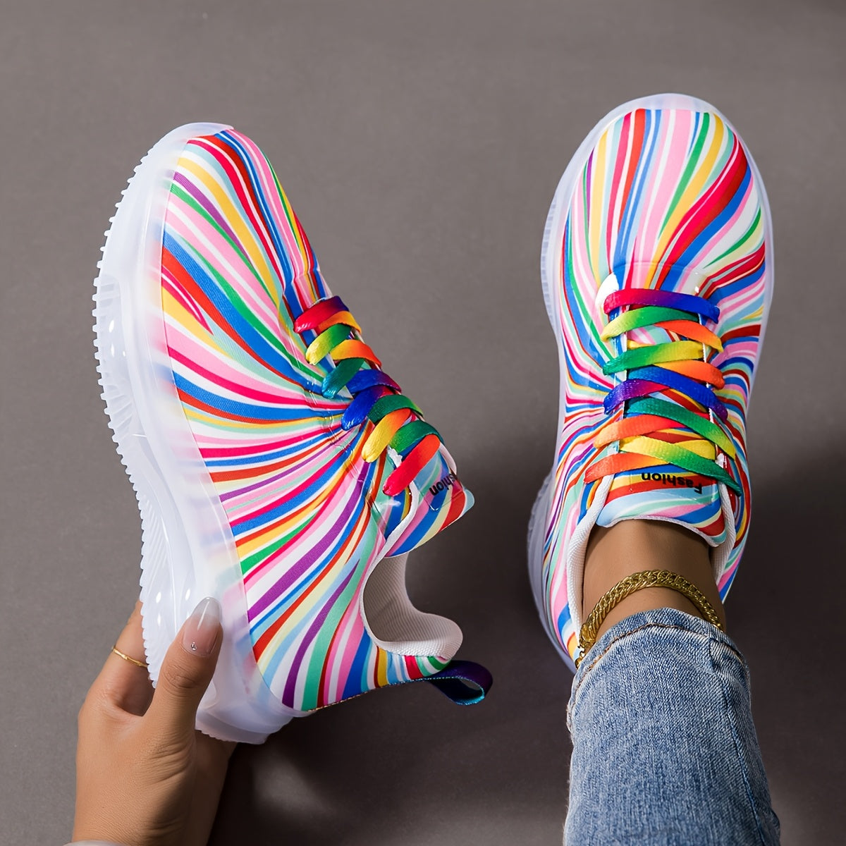 Women'S Breathable Mesh Sneakers with Rainbow Stripes - Comfortable Low-Top Running Shoes for Beach, Travel & Leisure, Stability Support, All-Season Casual Shoes, Ladies Sneakers, Vacation Footwear, Stylish Laceup Design, Cus