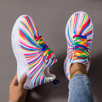 Women'S Breathable Mesh Sneakers with Rainbow Stripes - Comfortable Low-Top Running Shoes for Beach, Travel & Leisure, Stability Support, All-Season Casual Shoes, Ladies Sneakers, Vacation Footwear, Stylish Laceup Design, Cus