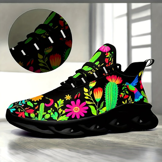 Women'S Plus-Size Outdoor Sneakers with a Blade Sole Featuring Mexican Flower Designs.