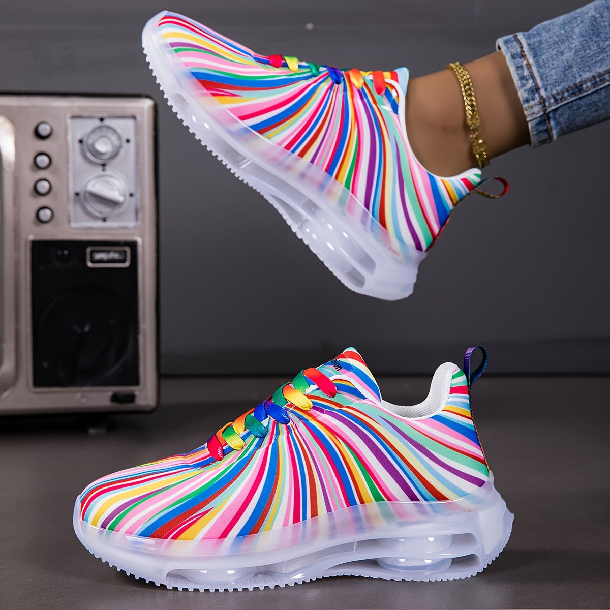 Women'S Breathable Mesh Sneakers with Rainbow Stripes - Comfortable Low-Top Running Shoes for Beach, Travel & Leisure, Stability Support, All-Season Casual Shoes, Ladies Sneakers, Vacation Footwear, Stylish Laceup Design, Cus