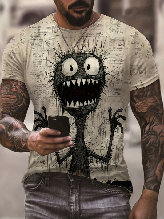 Men'S Halloween Graphic T-Shirt, Casual Crew Neck, 100% Polyester Knit, Slight Stretch, Short Sleeve, Regular Fit, Summer Outdoor Top, No Chest Pad, Daily & Casual Wear, Adult - Fashion Monster Print
