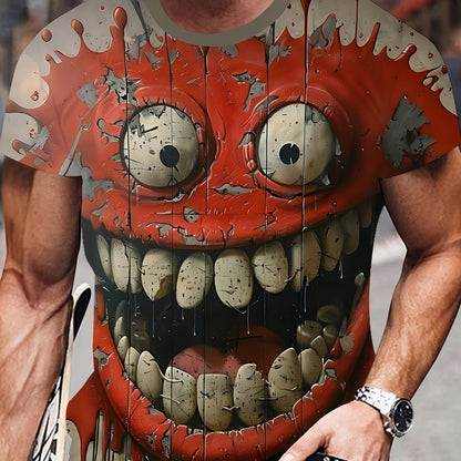 Men's Novelty 3D Funny joyful Face Graphic T-Shirt - Casual Street Style, Short Sleeve Crew Neck in Red & White, Polyester, Machine Washable, Street Style Apparel|Bold Casualwear|Stretchable Material