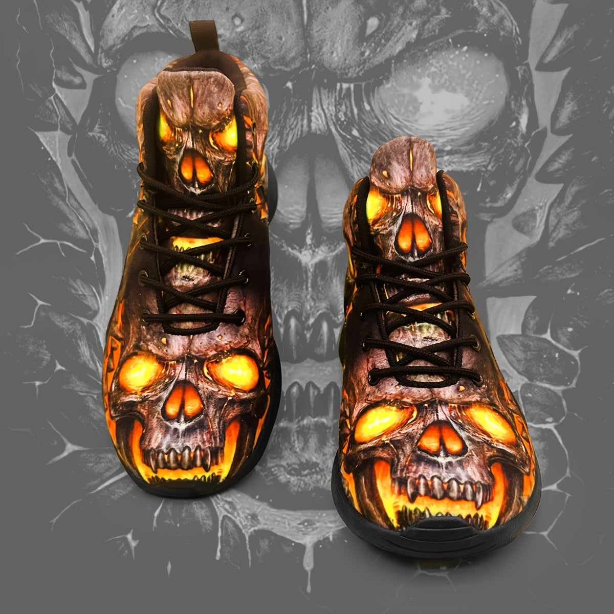 Men's Gothic sneakers - Lightweight High-Top Shoes with Glowing orange skull, Lace-Up Closure for Gym, Streetwear, Halloween - Non-Slip MD Sole - All-Season Training Footwear for Men, Casual Walking, Street Style, Breathable