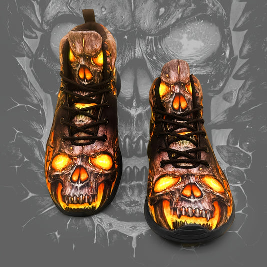 Men's Gothic sneakers - Lightweight High-Top Shoes with Glowing orange skull, Lace-Up Closure for Gym, Streetwear, Halloween - Non-Slip MD Sole - All-Season Training Footwear for Men, Casual Walking, Street Style, Breathable